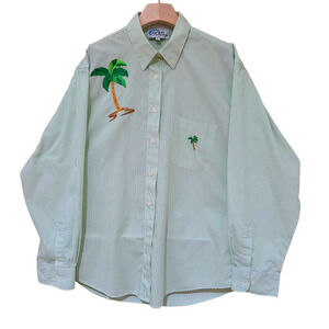 Vintage Las Olas Green Pinstripe Palm tree Mens Shirt size Large